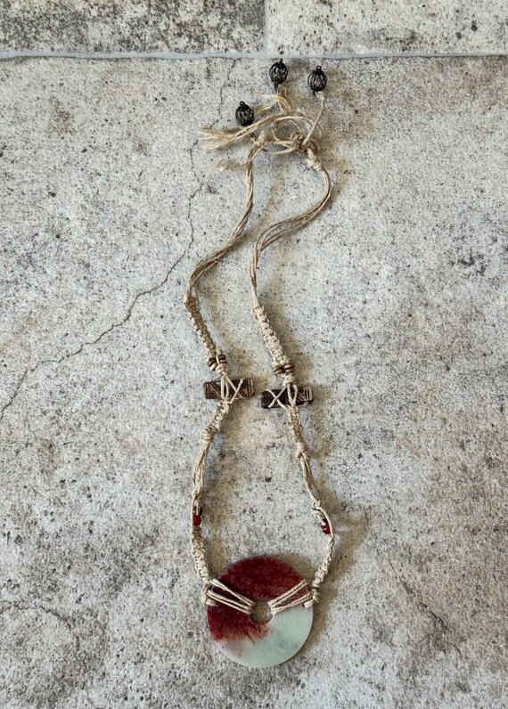 Handmade Macrame Stone Necklace with Red and Gree… - image 2