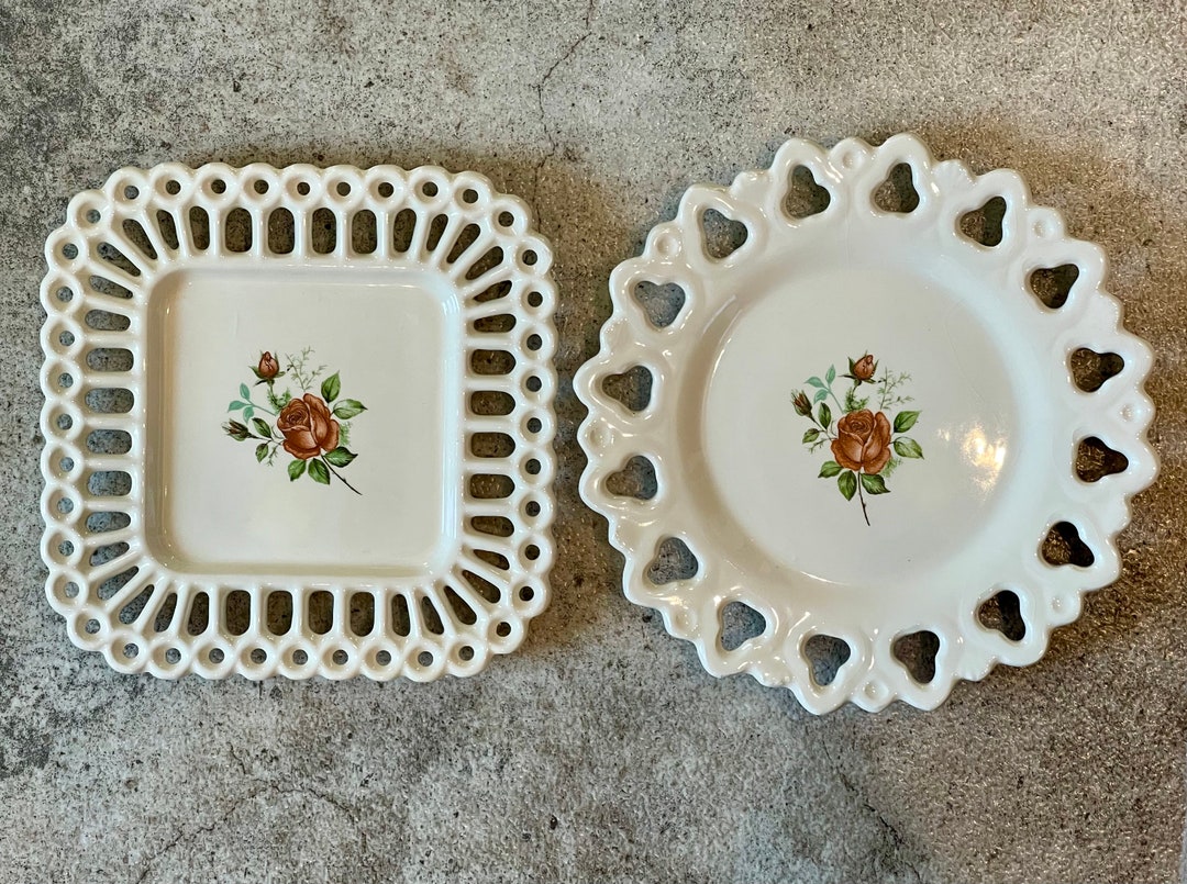 Vintage Ceramic Red Rose Plates With Reticulated Edges, Square Red Rose Plate With Reticulated