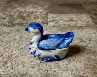 Vintage 1960s Blue White Ceramic Duck Trinket Dish with Lid 5”