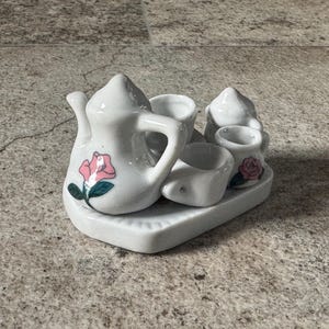 Vintage White & Pink Miniature Floral Porcelain Tea Set Figurine, Small Teapot Set, Vintage Mini Porcelain Tea Set, Miniature Tea Set