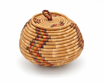 Handwoven Coiled Lidded Basket 9 Inch Round Multicolor Woven Storage Basket Boho Rustic Folk Art Decor