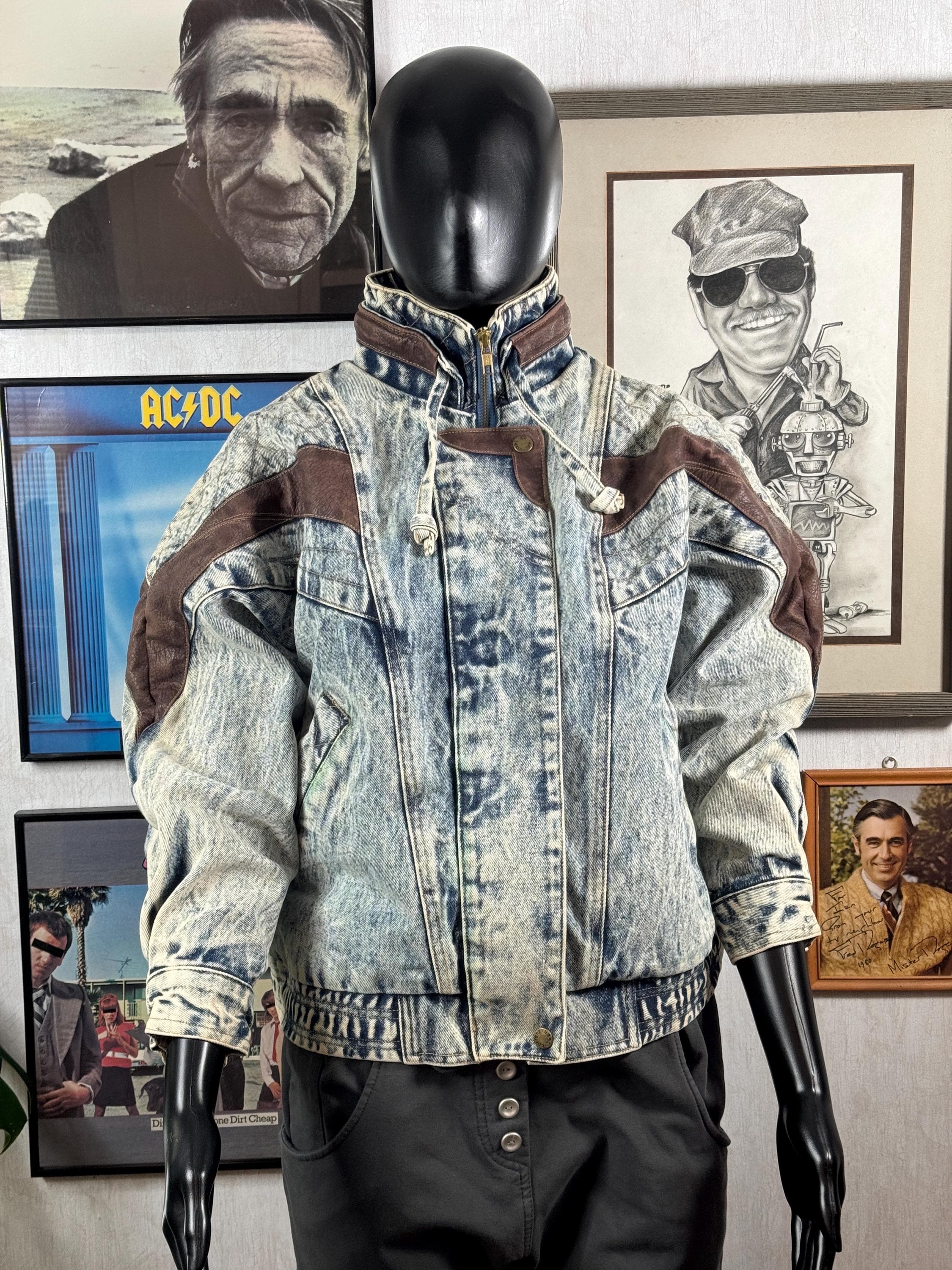 ジャケット・アウター vintag paint design short bomber jacket Vintage 80s Current Seen Acid Wash Denim Bomber Jacket W/ Suede
