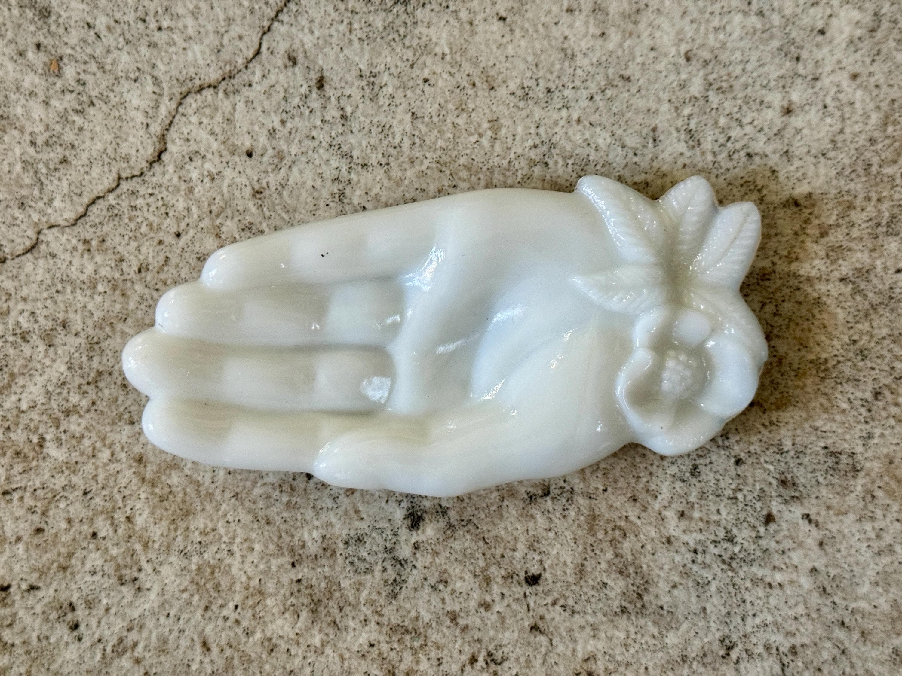 Vintage Milk Glass Hand Trinket Dish - White Opaline Glass Palm with Flower - Mid Century Vanity Catchall