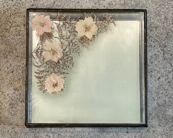 Vintage Square Glass Jewelry Box with Pressed Flowers and Mirror Inside, Vintage Jewelry Box with Pressed Flowers, Vintage Glass Jewelry Box