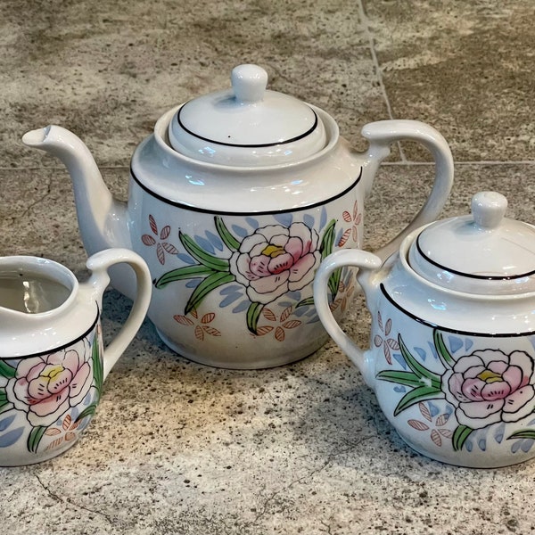 Three Piece Set of a Tea Pot, Sugar Bowl and Creamer with Beautiful Flowers, Vintage Teapot, Vintage Tea Set, Old Sugar Dish, Old Sugar Bowl
