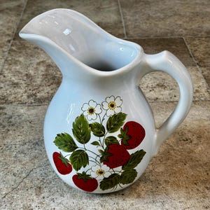 Vintage Large McCoy USA Strawberries and Flowers Ceramic Pitcher, Vintage McCoy Strawberry Ceramic Pitcher, McCoy Strawberry Pitcher