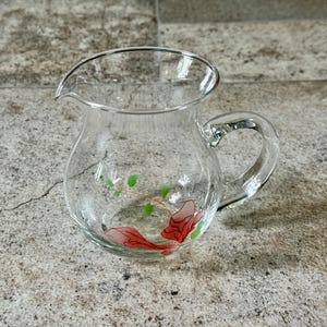 Vintage Glass Creamer Pitcher – Pink Floral Print – Clear Mini Jug with Handle