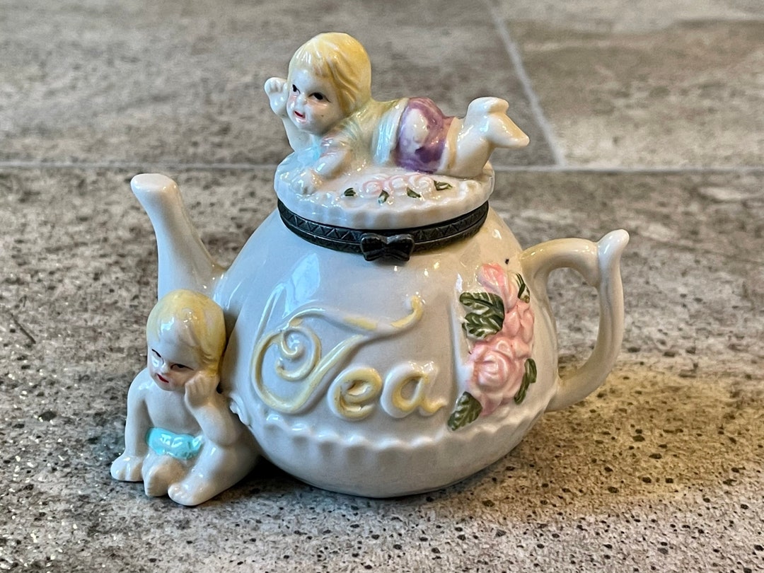 Vintage Hinged Porcelain Miniature Teapot Trinket Box With Babies Sitting on It, Teapot Hinged