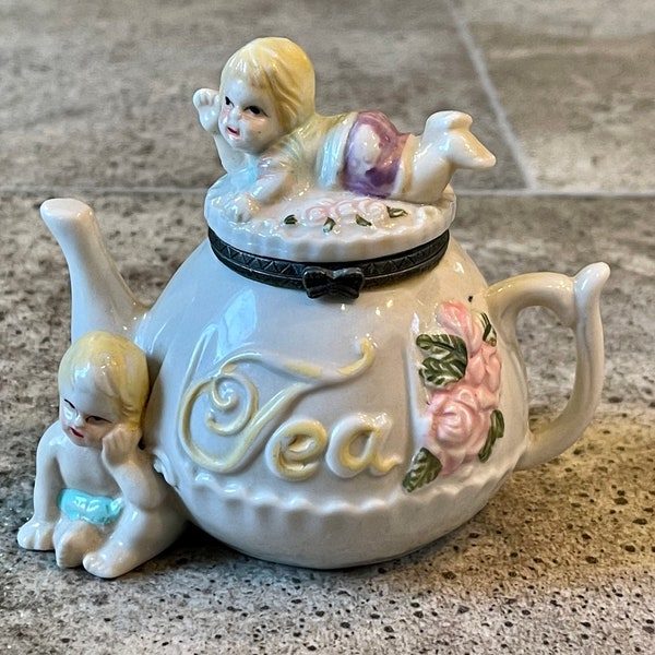 Vintage Hinged Porcelain Miniature Teapot Trinket Box with Babies Sitting On It, Teapot Hinged Box, Hinged Baby Teapot, Babies Teapot