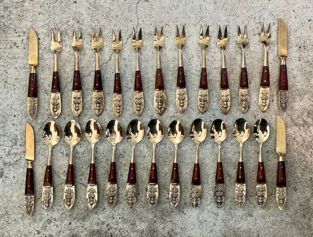 Vintage Siam Nickel Bronze and Redwood Flatware by Thai Home Industries