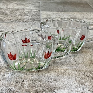 Vintage Hand Painted Bartlett Collins Tulip Glass Creamer and Sugar Bowl Set, Tulip Sugar Bowl, Bartlett Collins, Vintage Sugar Dish