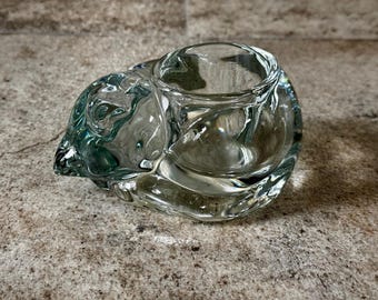 Vintage 1980s Crystal Sleeping Cat Candle Holder | Small Glass Cat Figurine Decor