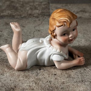 Vintage Ceramic Bisque Hand Painted Piano Baby Figurine, Vintage Ceramic Piano Baby Figurine, Piano Baby Figurine, Ceramic Crawling Baby