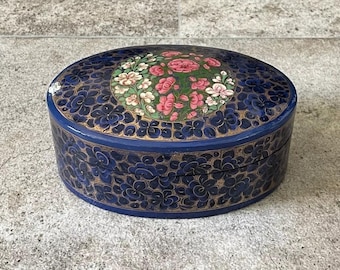 Vintage Kashmir Lacquer Hand Painted Paper Mache Trinket Box | India