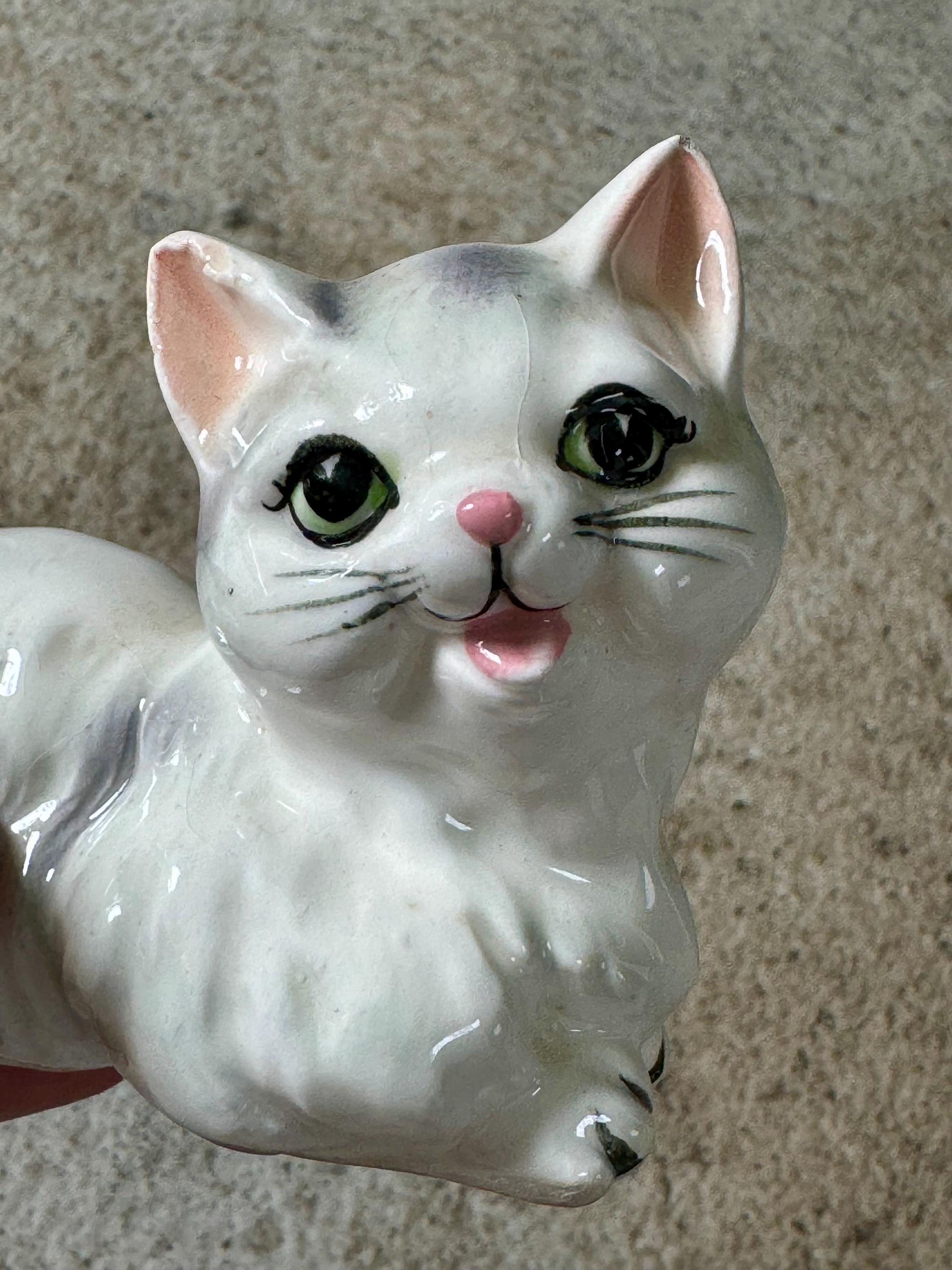Two Vintage White and Gray Ceramic Japan Cat Figurines