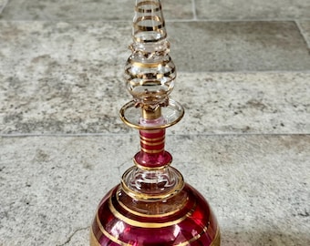 Vintage Ruby Red Egyptian Perfume Bottle – Handblown Glass with Gold Detail – Art Deco Vanity Decor