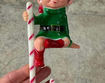 Vintage Hong Kong Plastic Elf with Candy Cane – Christmas Shelf Sitter Decoration