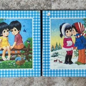 Vintage Lee Big Eye Boy & Girl Lithographs on Cork Wall Hangings, Vintage Big Eye Girl and Boy Litho Wall Hangings, Vintage Big Eye Children