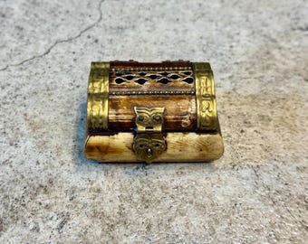 Vintage Camel Bone Trinket Box with Brass Accents – Velvet Lined – Made in India