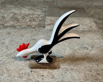 Vintage Ceramic Rooster Figurine Black White Red Farmhouse Chicken Decor Wood Base
