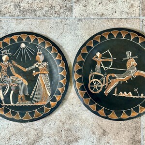 Pair of Vintage Egyptian Wall Plaques – Hand-Etched Brass Decorative Plates