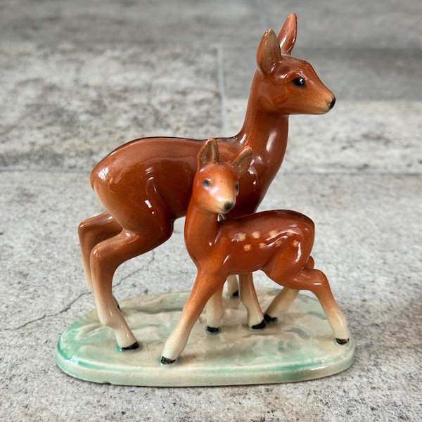 Vintage Ceramic Deer and Fawn Figurine – Woodland Animal Decor – Mid Century Style Deer Family Statue