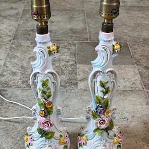 Vintage Porcelain Floral Table Lamps – Rococo Style Pair with Raised Flowers