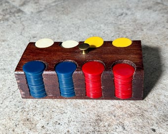 Vintage Wooden Poker Chip Holder with Red, Blue, Yellow & White Chips