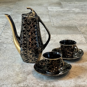 Vintage 5 Piece Porcelain Black and Gold Coffee and Tea Set by Chodziez Made In Poland, Chodziez Coffee and Tea Set, Chodziez Poland Tea Set