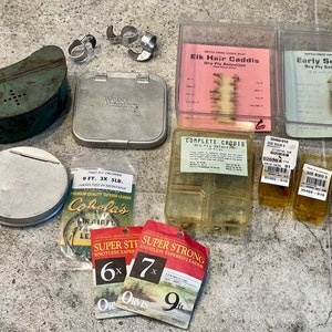 Vintage Stream Tech Bag Full Of Vintage Fly Fishing Gear, Elk Hair Caddis Dry Fly Selection, Caddis Dry Fly Selection, Weber Stevens Point