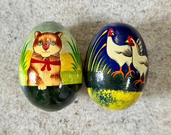 Set of 2 Hand-Painted Wooden Eggs – Cat and Chicken Folk Art