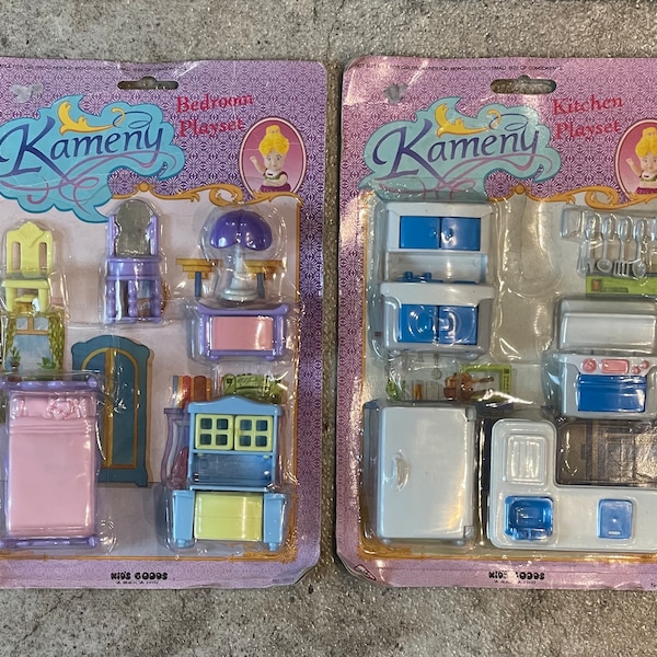 Two Vintage Kameny Bedroom and Kitchen Plastic Toy Playsets, Vintage Dollhouse Bedroom Playset, Vintage Dollhouse Kitchen Toy Playset