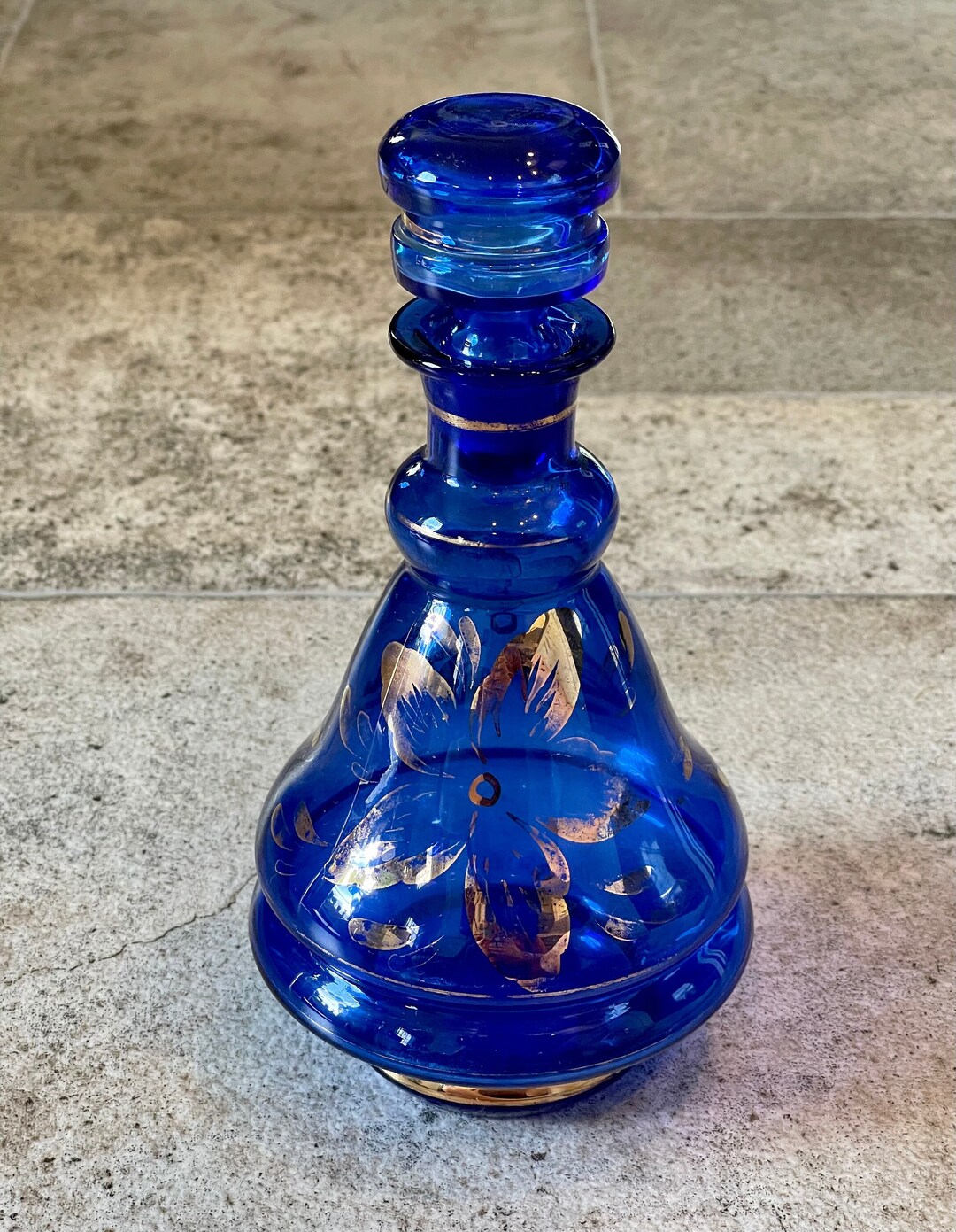 Vintage Cobalt Blue & Gold Floral Decanter, Vintage Decanter, Vintage