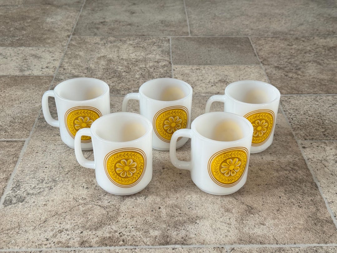 Set of 5 Vintage Milk Glass Mugs With Yellow Floral Medallion