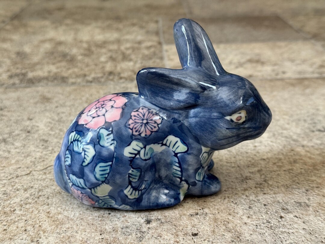 Hand Painted Blue Floral Rabbit Figurine • Ceramic Bunny Statue ...