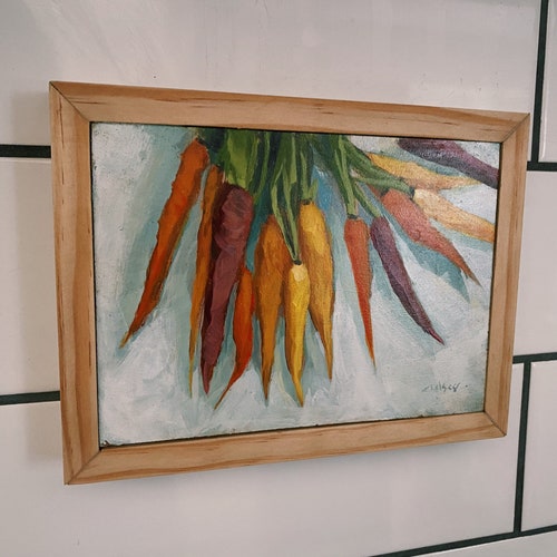 Original painting- food painting- colorful art-kitchen decor - food art- popular carrots- framed painting