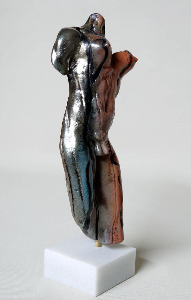 MALE With FEMALE BUST Nude Figure Raku Ceramic Sculpture Art Deco Gay