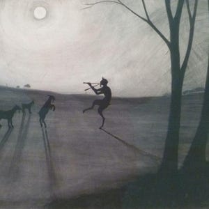 May include: A grayscale drawing depicts a silhouetted figure playing a flute, dancing near a herd of goats. The moon shines brightly in the sky, and trees stand in the background, casting long shadows across the landscape.