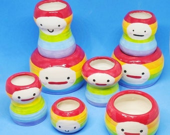 Rainbow pot people - miniature planters, cute ceramics