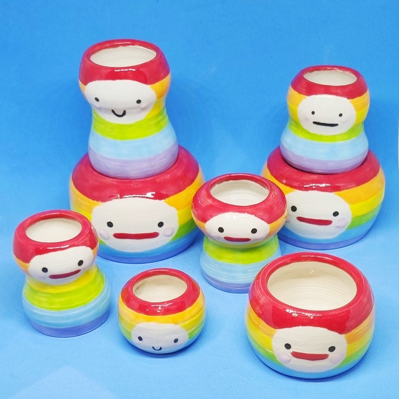 Rainbow pot people miniature planters, cute ceramics image 1