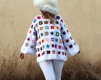 PULL GRANDE TAILLE coklico crochet fait main blanc multicolores fashion crochet boheme