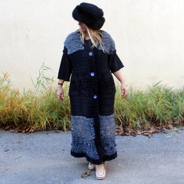 MANTEAU GILET MAXI coklico fait main noir gris laine - fausse fourrure - grande taille