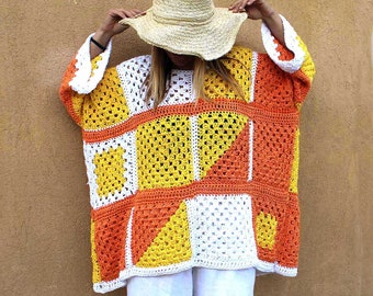 COKLICO PULL OVERSIZE fait main jaune orange blanc crochet fashion frenchknitter