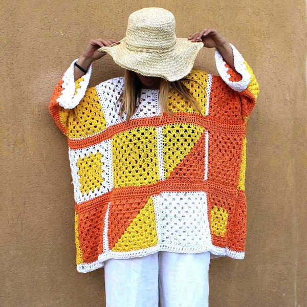 COKLICO PULL OVERSIZE fait main jaune orange blanc crochet fashion frenchknitter