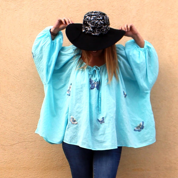 BLOUSE TUNIQUE OVERSIZE coklico coton fait main provence vert fleurs - vert multicolores - turquoise - blanc