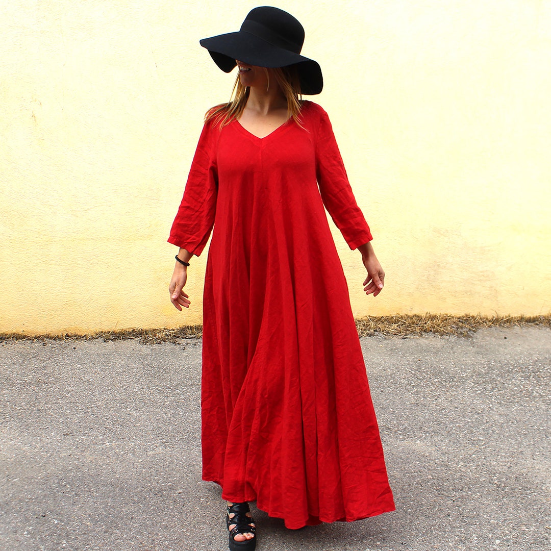 MAXI LINEN DRESS Coklico Sabini Plus Size Bright Red Wedding - Etsy