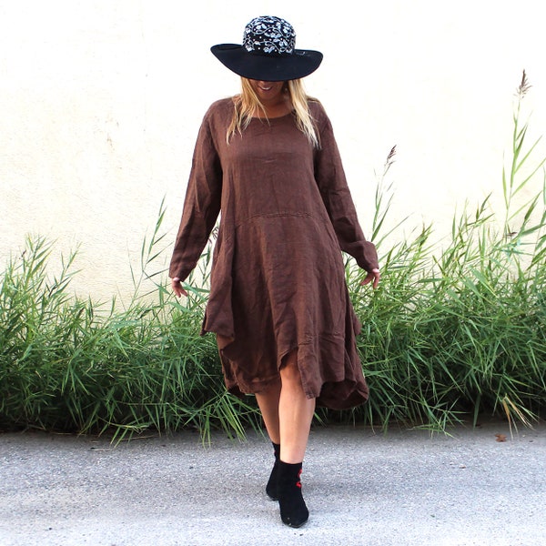 SABINI ROBE LIN lourd épais grande taille coklico chocolat bohème boho shabby