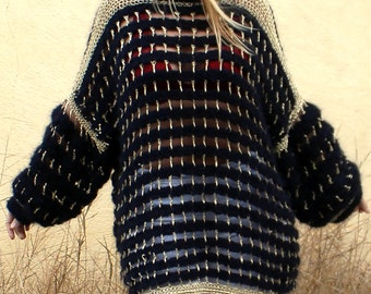 PULL GRANDE TAILLE Coklico grande taille tricot crochet mohair noir lurex doré fait main french knitter