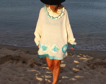 PULL GRANDE TAILLE atelier coklico maille laine mohair coton blanc turquoise oversize bohème chic boho