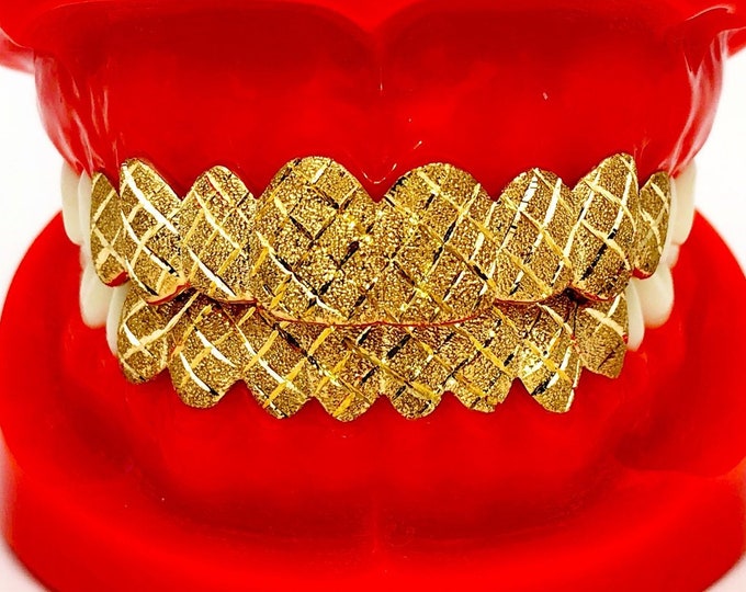 925 Solid Sterling Silver w/18K Yellow Gold Plated Dust+Diamond Cut Handmade Custom Fit Grill Grillz